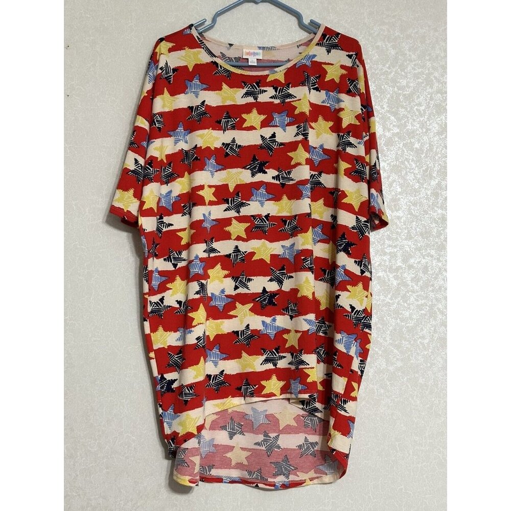 LuLaRoe High Low Tunic Top Mini Dress Striped Red White Blue Yellow Stars USA‎ L